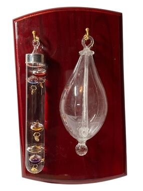 Maritime weather station 
Galilean thermometer & teardrop storm glass on wood